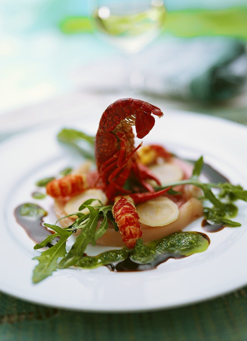 Slices of knuckle of pork with freshwater crayfish & kohlrabi