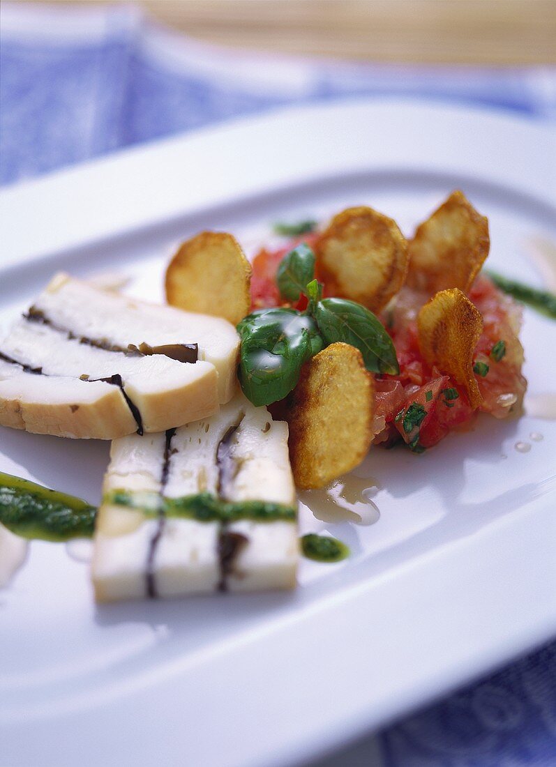 Truffled Taleggio, honey tomatoes & Jerusalem artichoke crisps