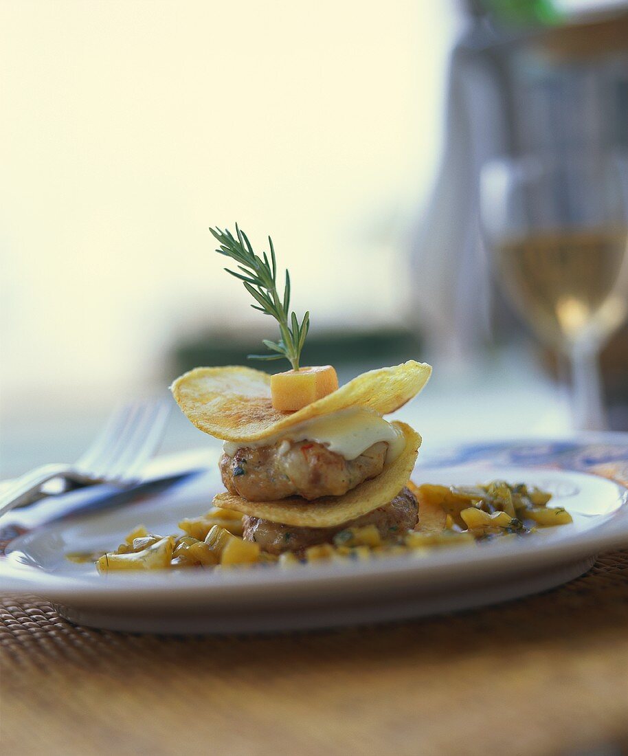 Scampi-Perlhuhn-Frikadellen mit Pfannküchlein im Kürbisragout