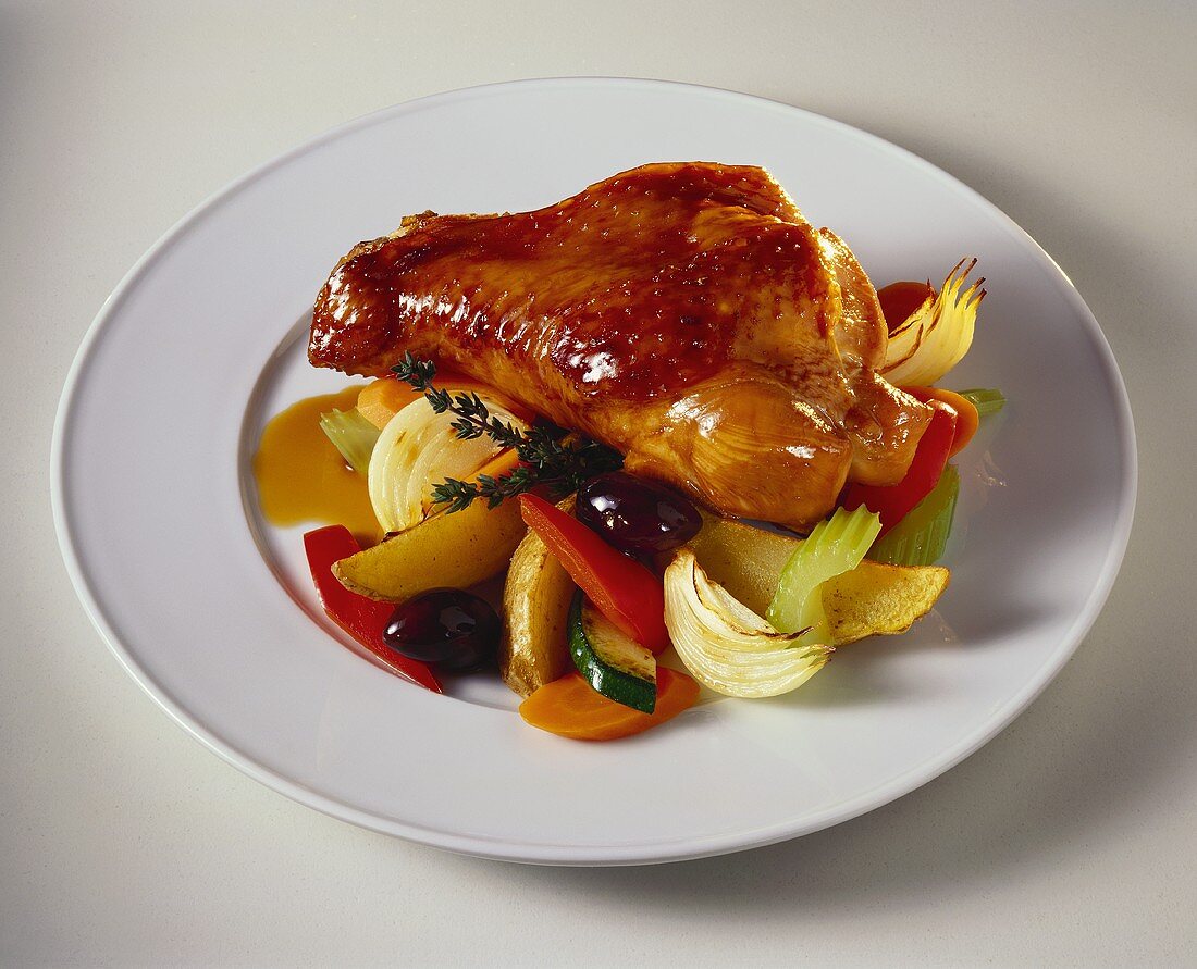 Roast turkey leg with vegetables