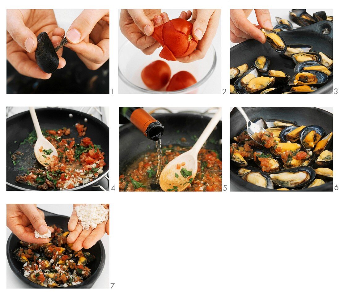 Making pan-cooked mussel gratin with tomatoes