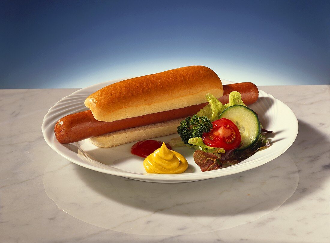 Hot dog with ketchup, mustard and salad garnish