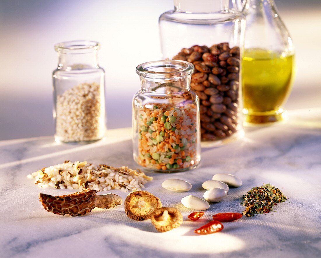 Storage jars with dried pulses; mushrooms; rice
