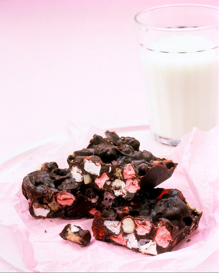 Marshmallow and chocolate sweet and a glass of milk