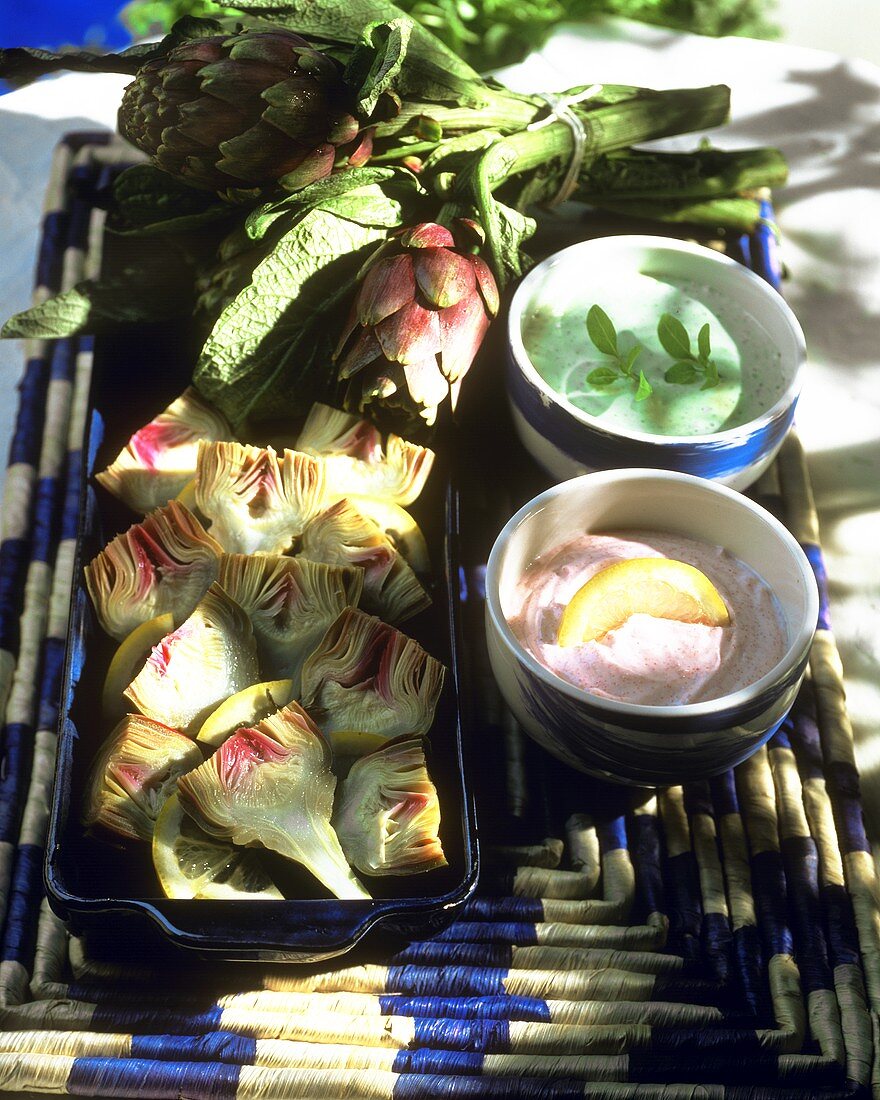 Artichokes with lemons and two dips
