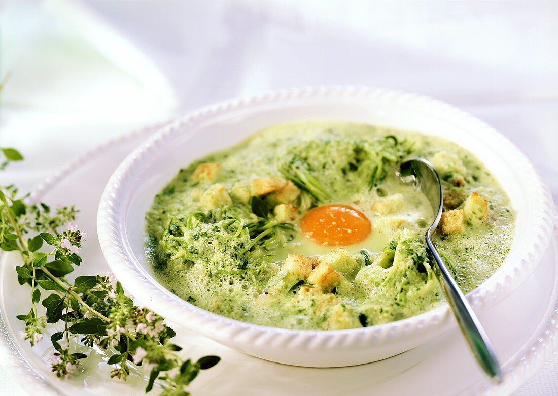 Zucchinisuppe mit Ei und Croûtons (Zuppa alla Pavese)