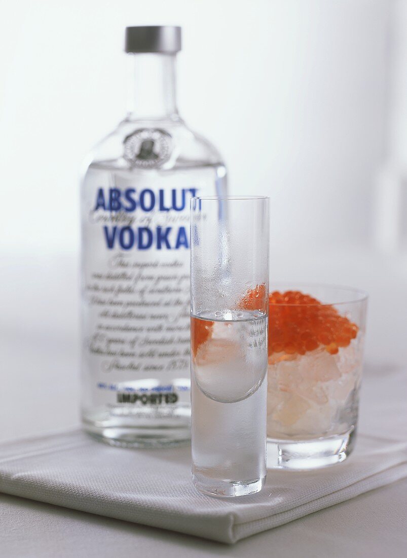 Wodka in Glas und Flasche mit Kaviar