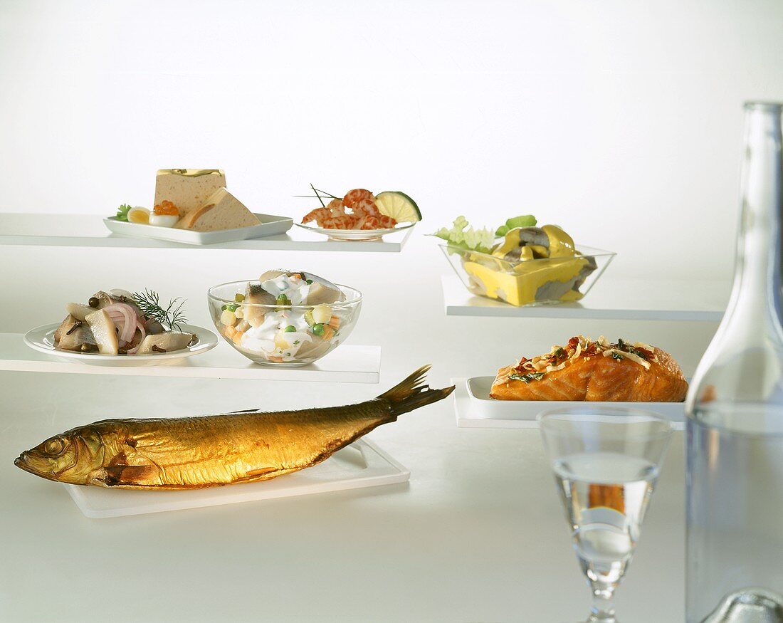 Various fish dishes and smoked fish
