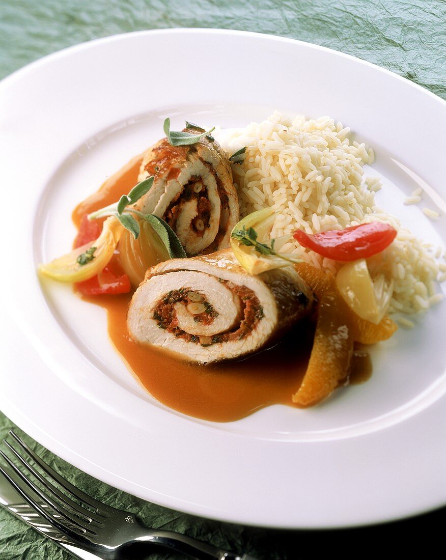 Turkey roulade with rice and fruit