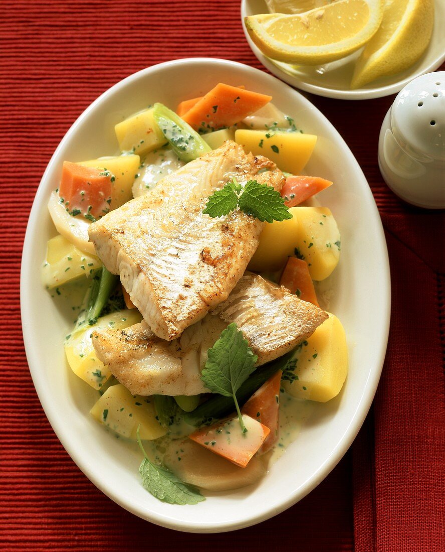 Fish fillet on root vegetables with lemon balm