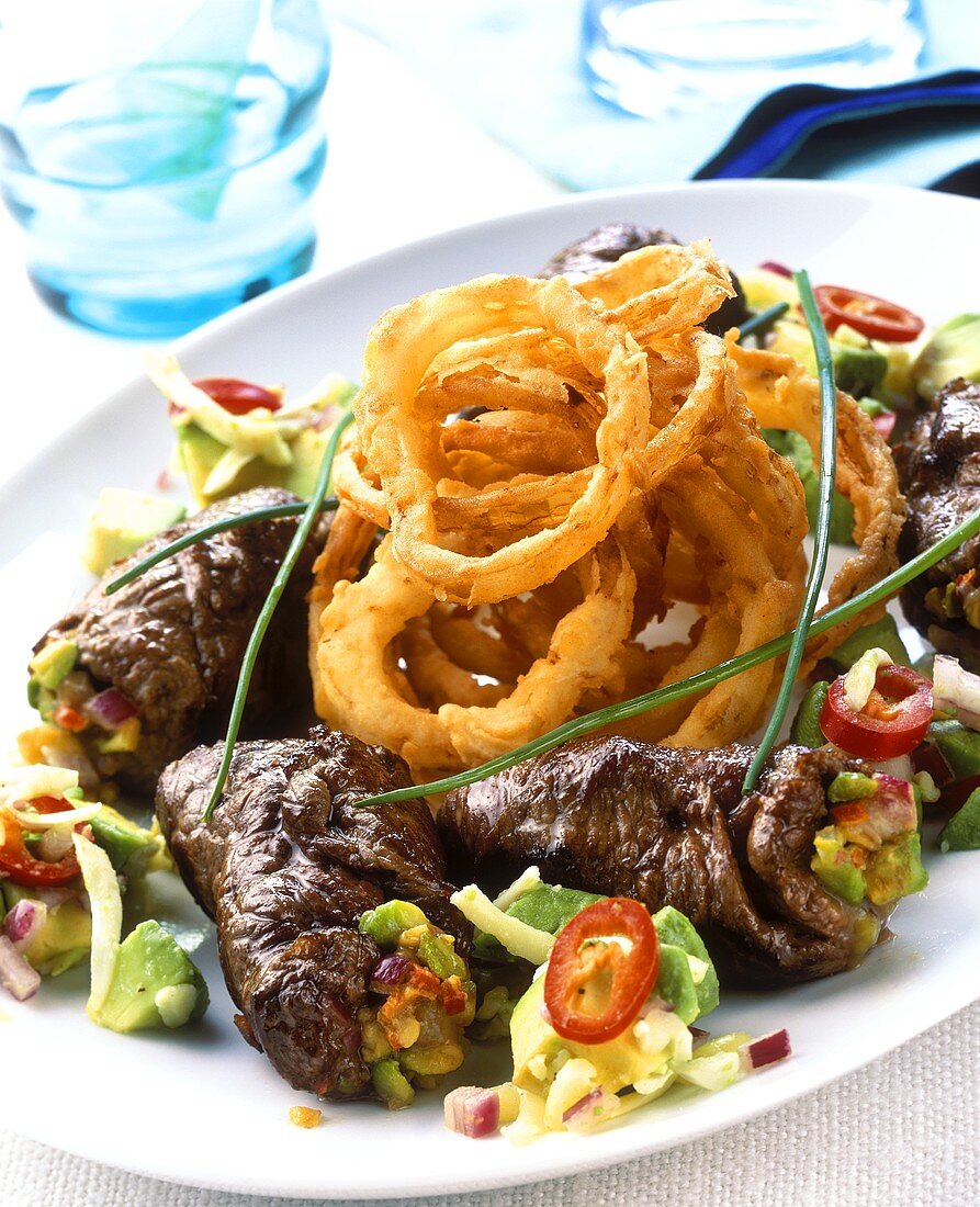 Beef roulades with deep-fried onion rings