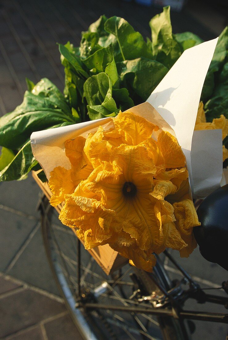 Courgette flowers in crate on bicycle