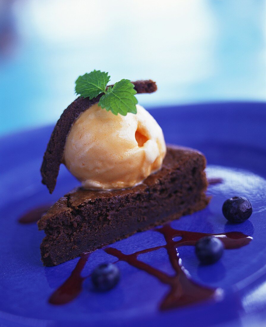 Piece of chocolate cake with orange ice cream & blueberries