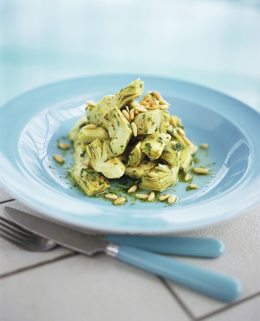 Marinated artichoke hearts with pine nuts