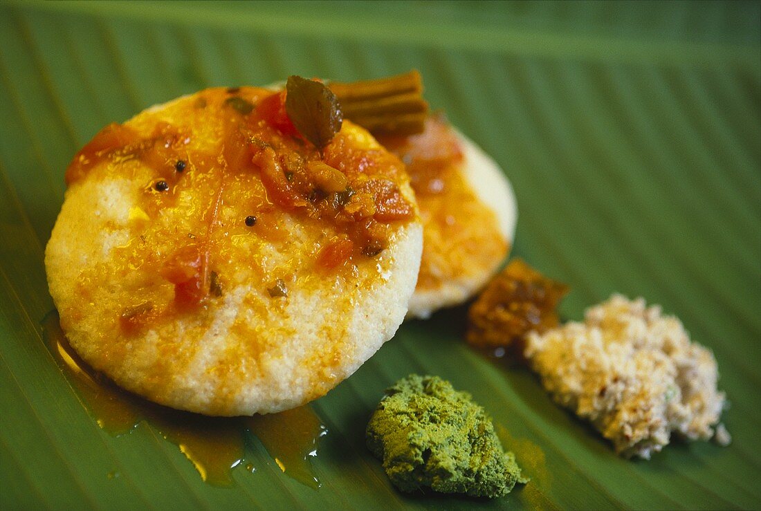 Indian rice & lentil flatbread (Idli sambar) with chutney