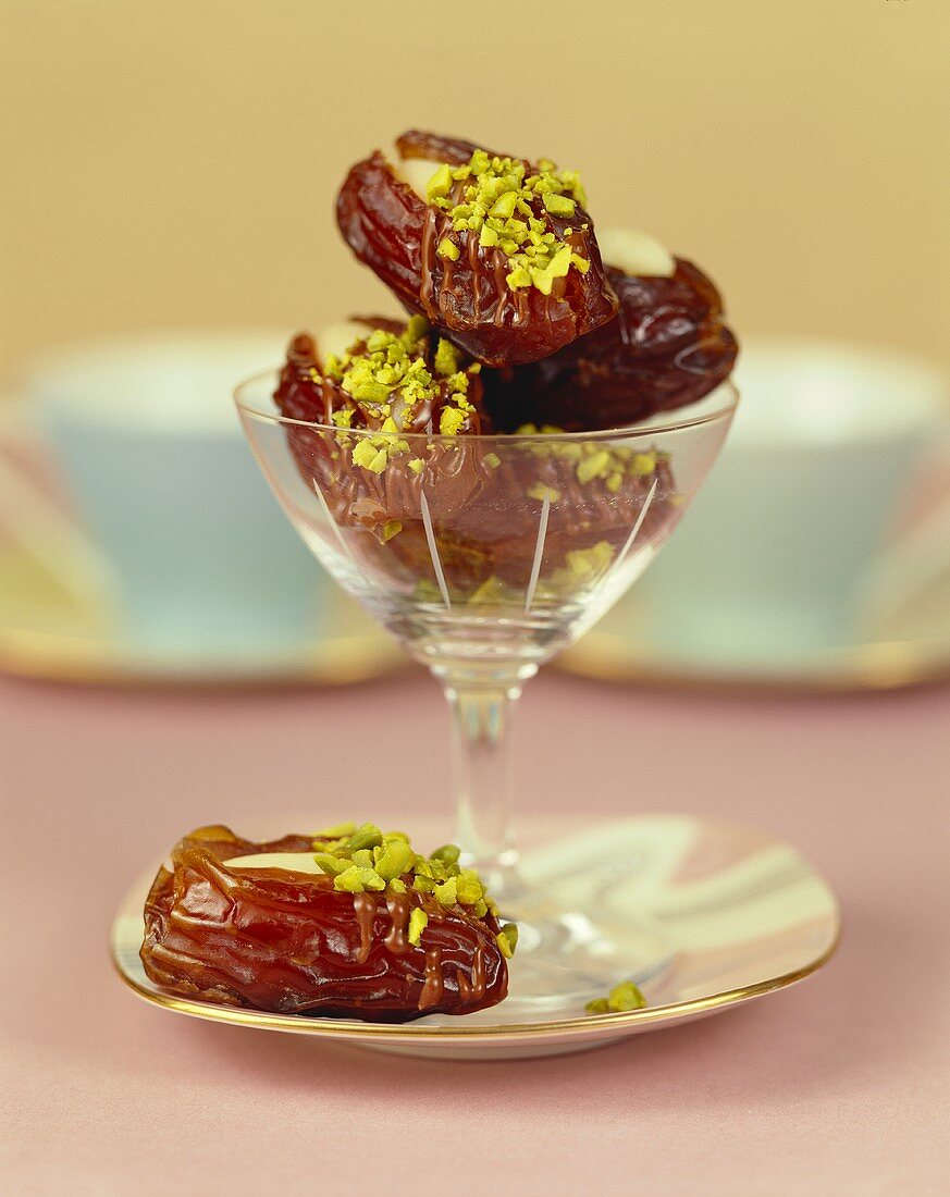 Stuffed dates with marzipan and pistachios