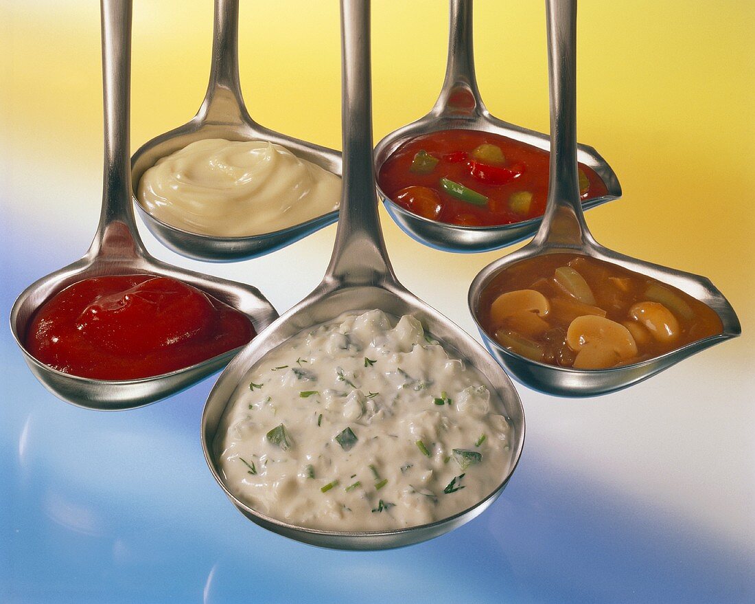 Various sauces in ladles
