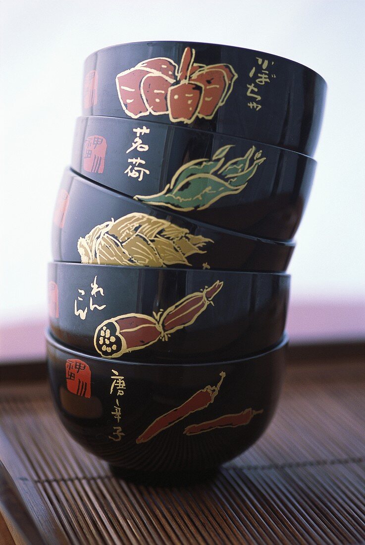 Japanese food bowls, in a pile