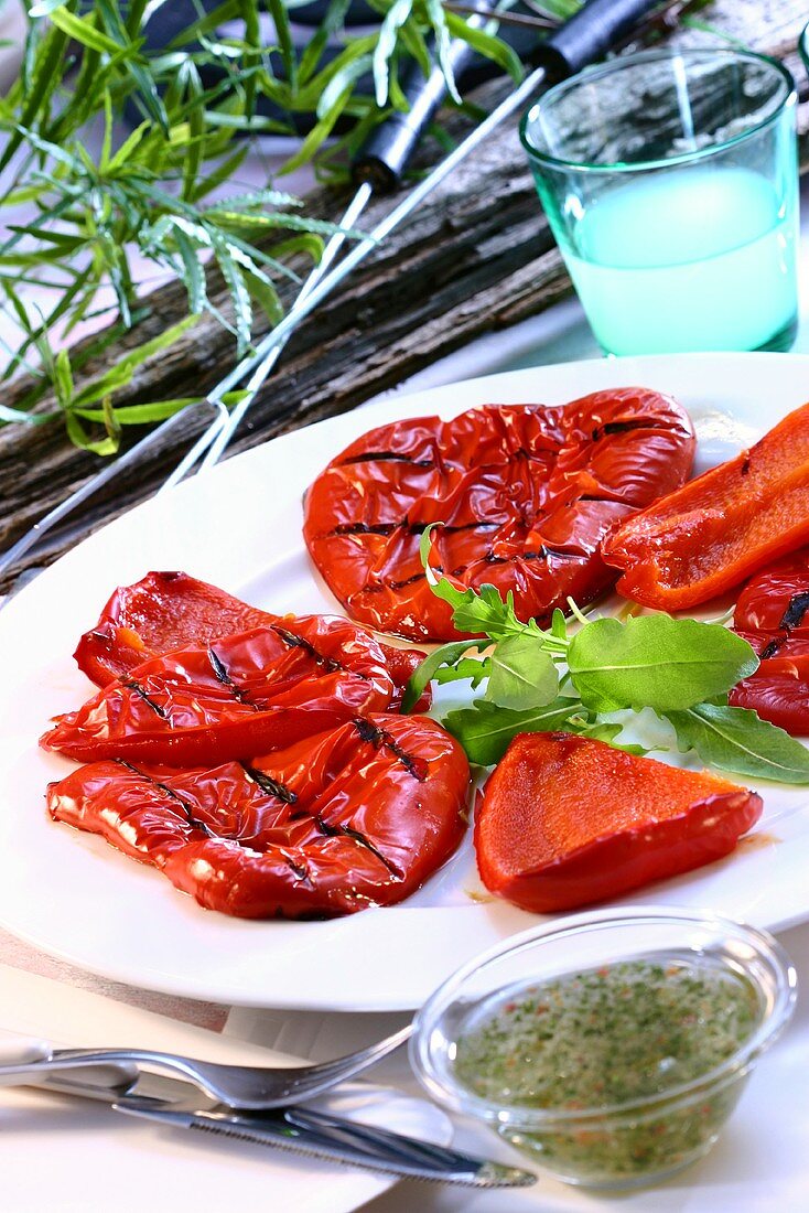 Grilled peppers with herb dressing