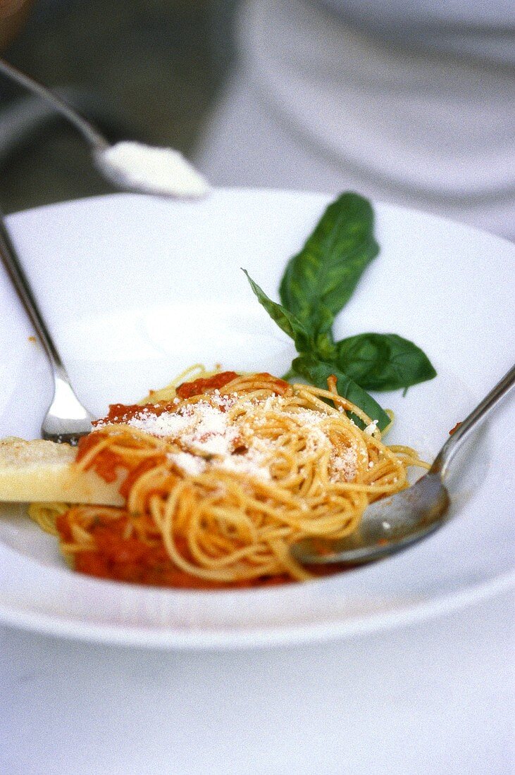 Spaghetti with tomato sauce and Parmesan