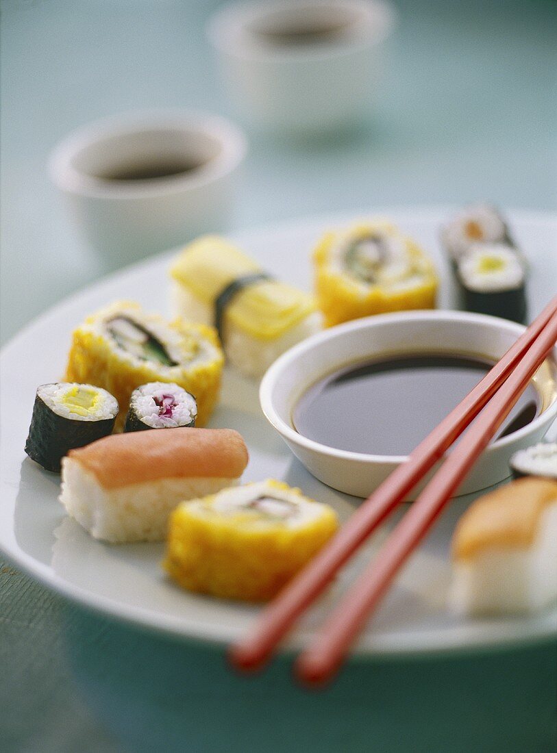Sushi platter with soy sauce