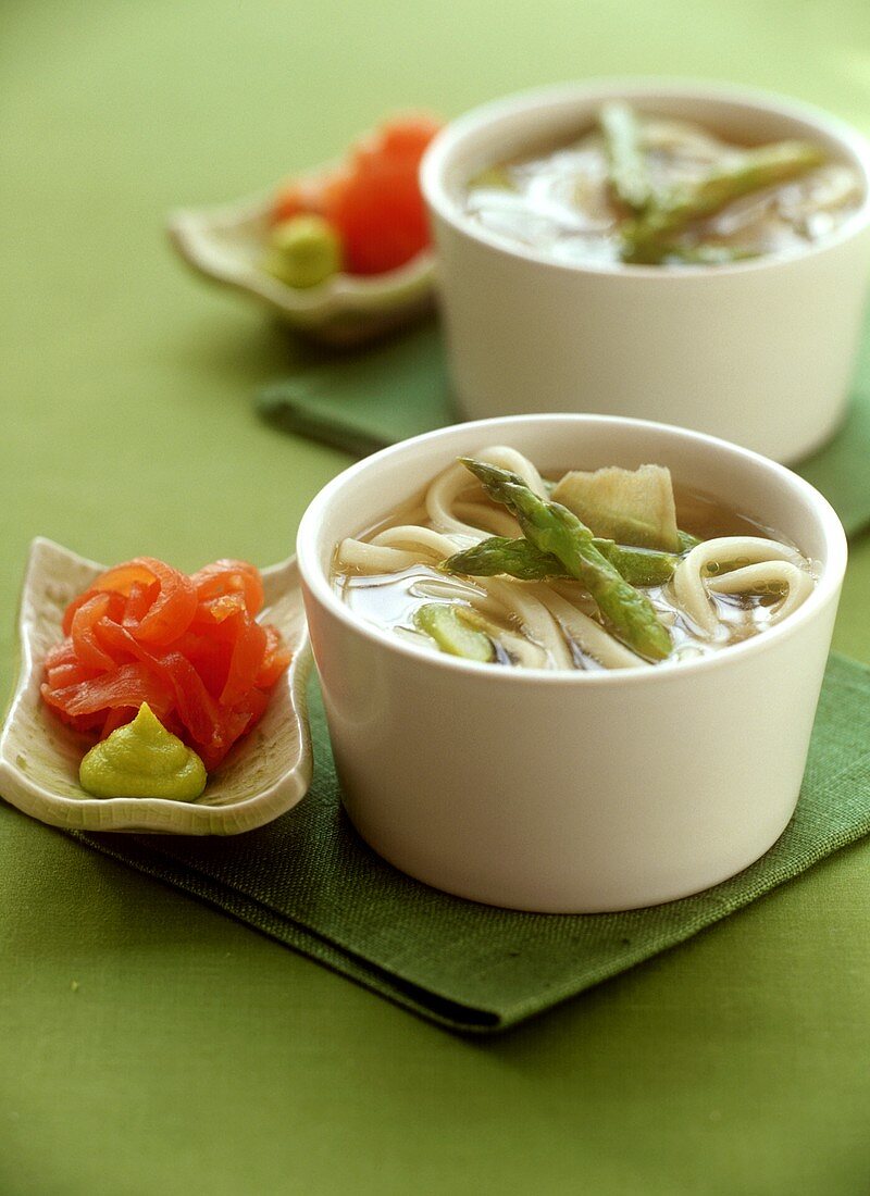 Noodle soup with green asparagus