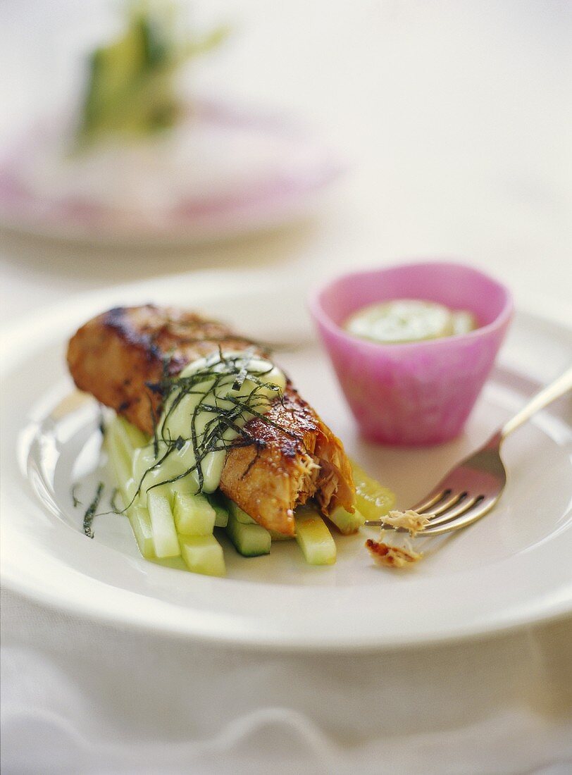 Tuna on cucumber with wasabi mayonnaise