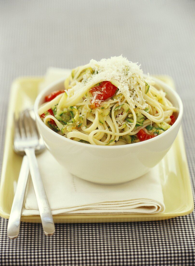 Ribbon pasta with courgettes and cherry tomatoes