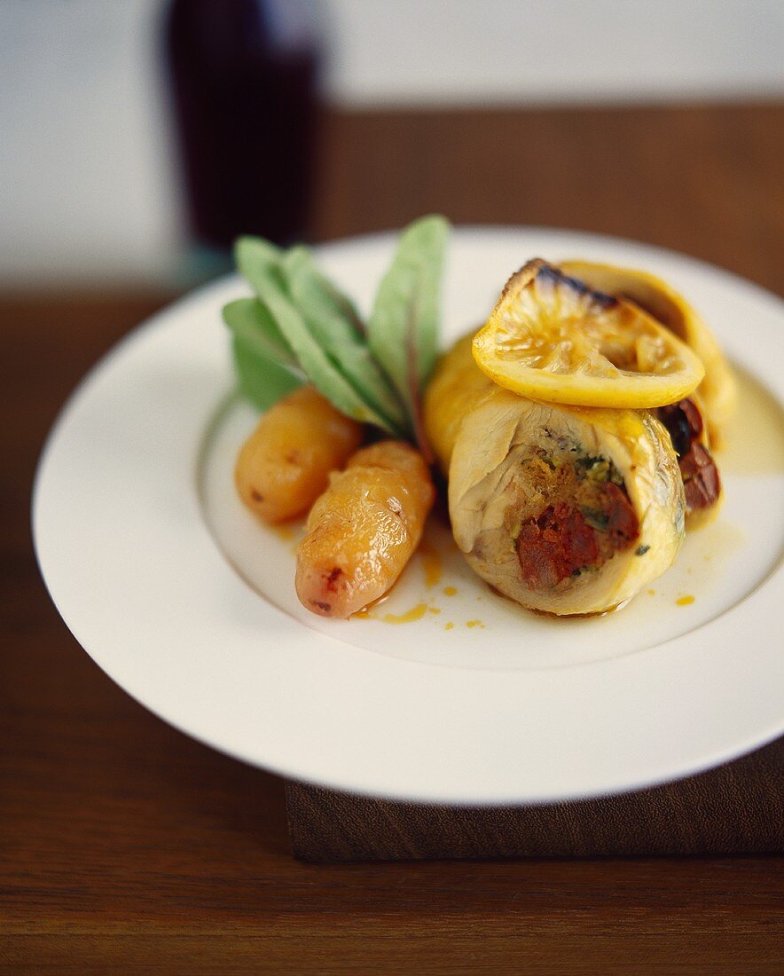 Stuffed chicken leg with chorizo