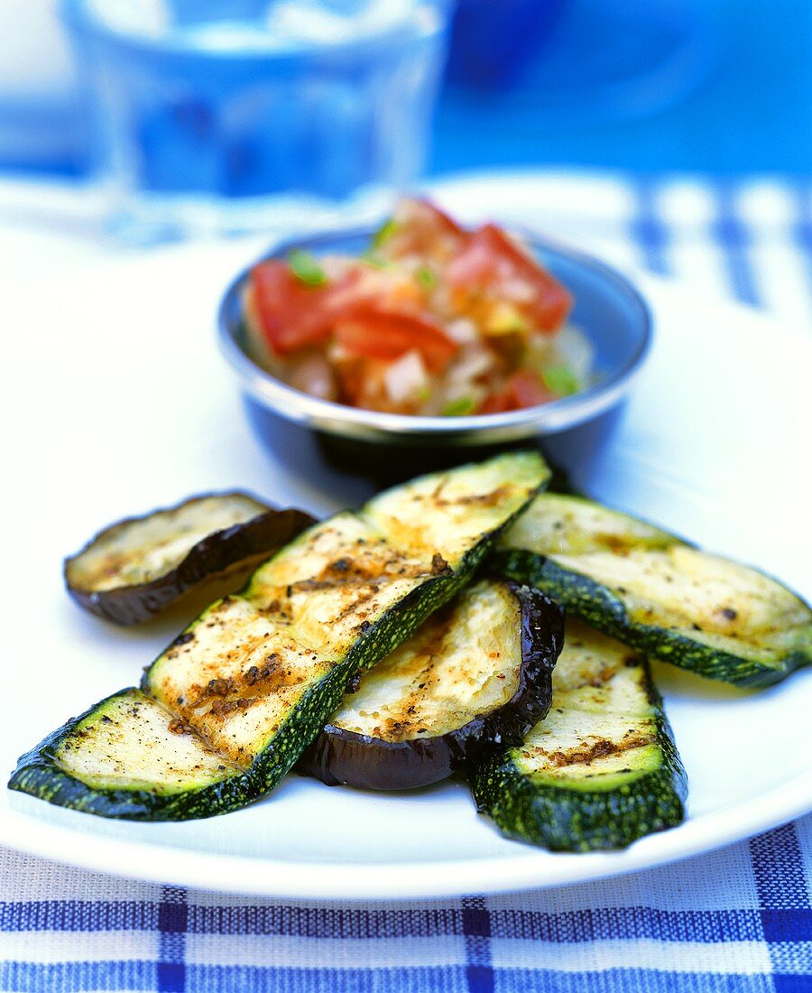 Barbecued courgettes & aubergines with pepper salad