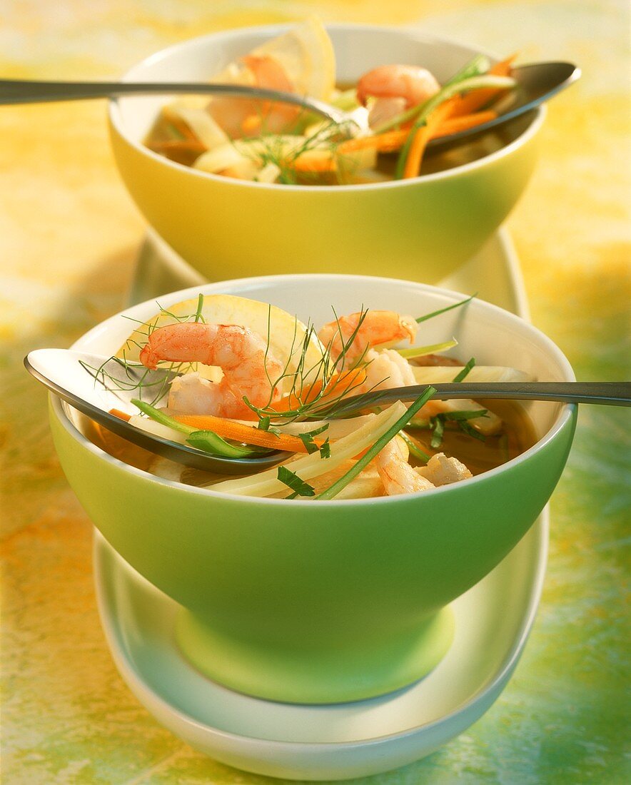 Clear broth with julienne vegetables and shrimps