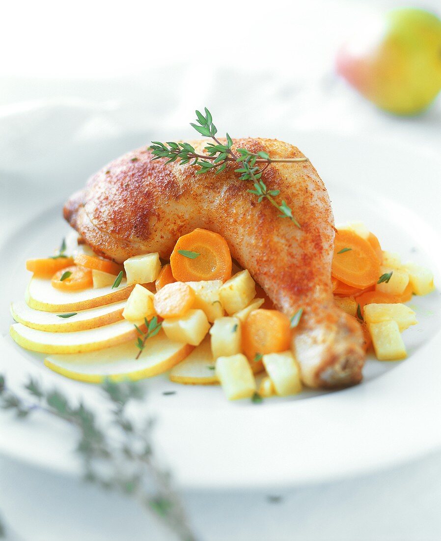 Chicken leg with celery and pears