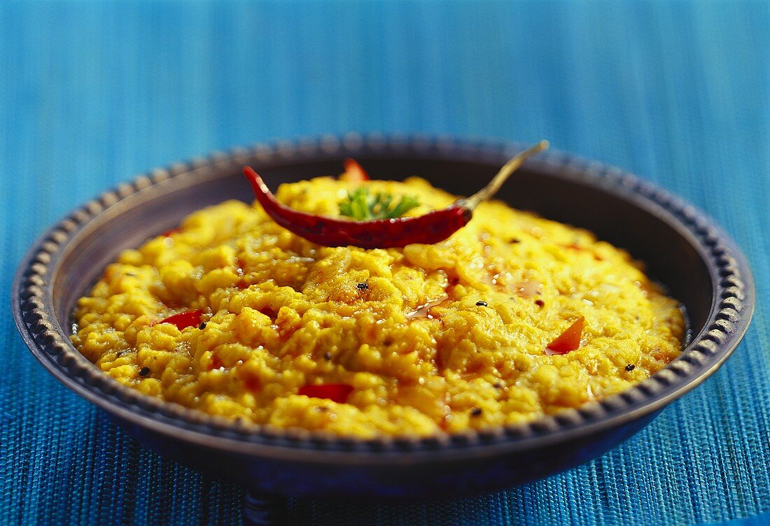 Dal tadka (lentil dish with chillies and tomatoes, India)