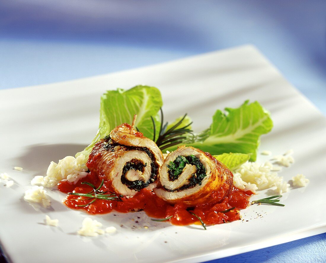 Turkey roulades with salad & cheese stuffing & tomato sauce