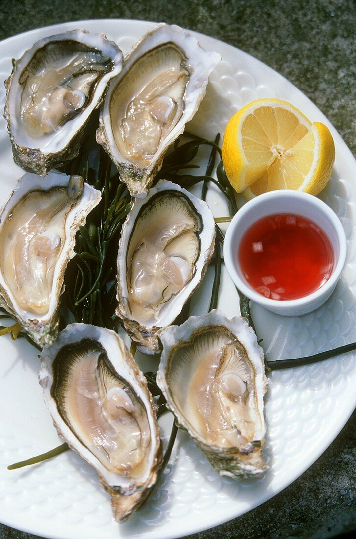 Fresh oysters with sauce and lemon