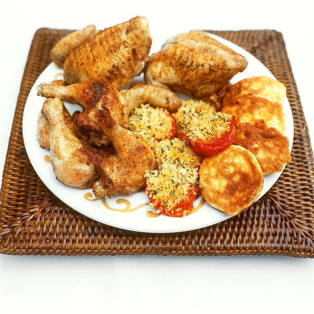 Cinnamon chicken with stuffed tomatoes and potato cakes