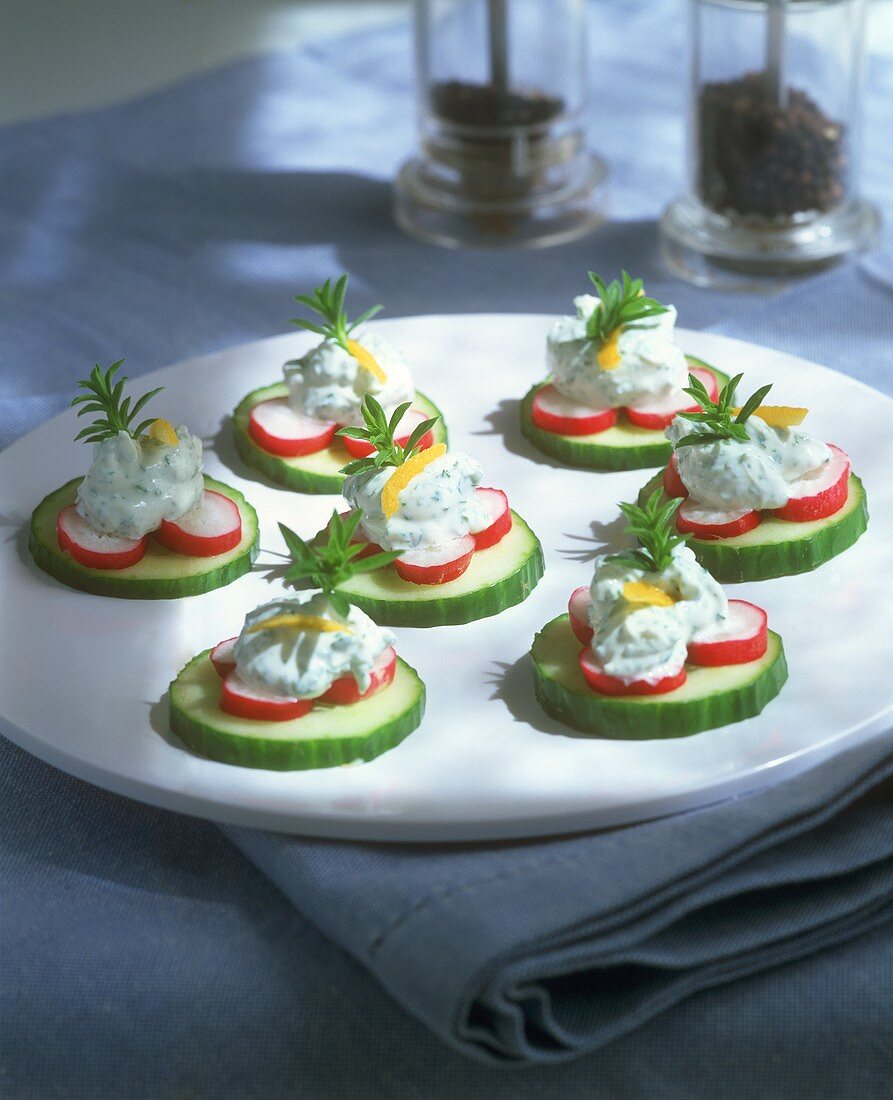 Cucumber snacks with radishes and soft cheese