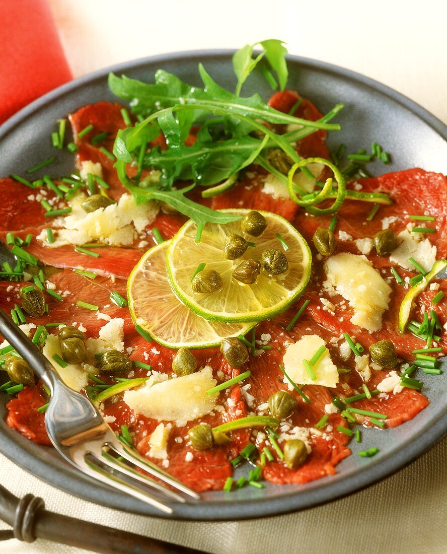 Duck carpaccio with capers and Parmesan