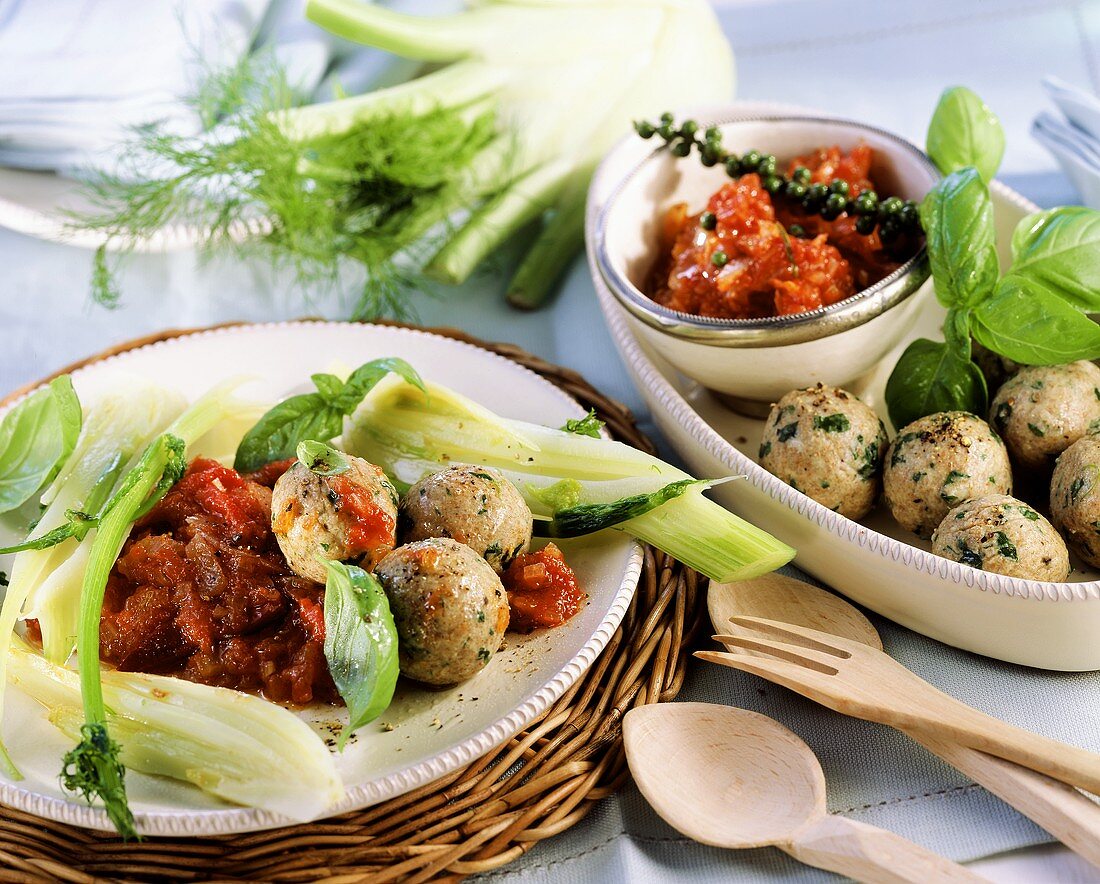 Basilikumklösschen mit Fenchel und Tomatensauce