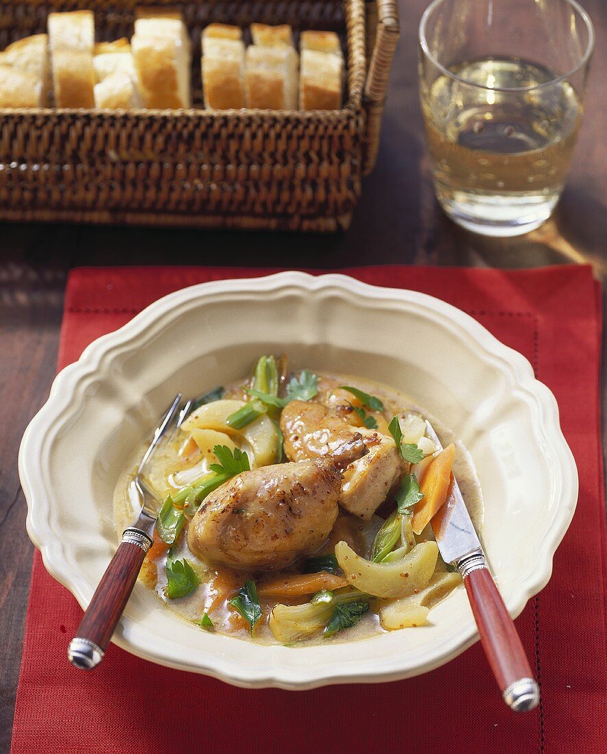 Chicken in Riesling with kohlrabi and carrots