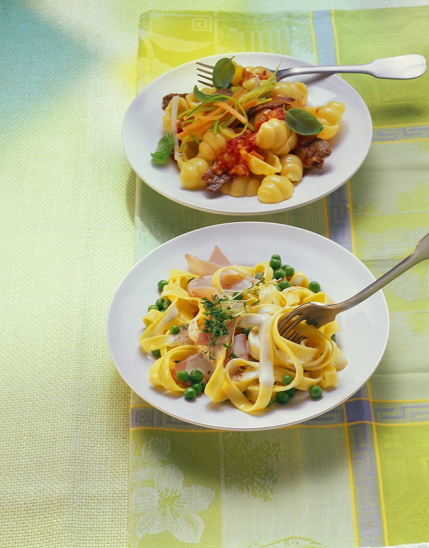 Ribbon pasta with ham; pasta with meat and tomato sauce