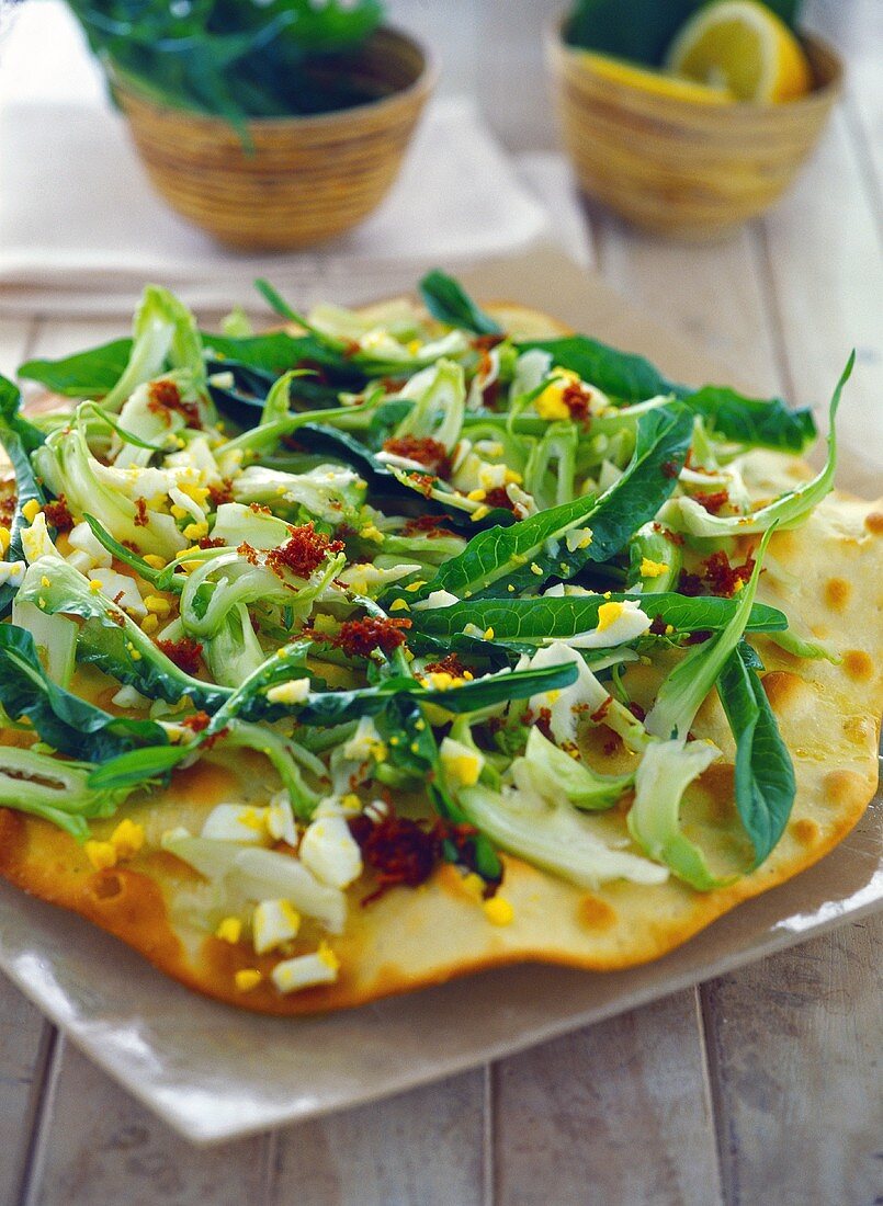 Flatbread with chicory and chopped egg