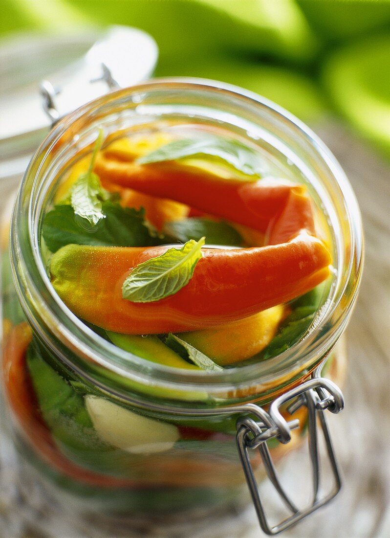 Pickled chili peppers with mint and garlic