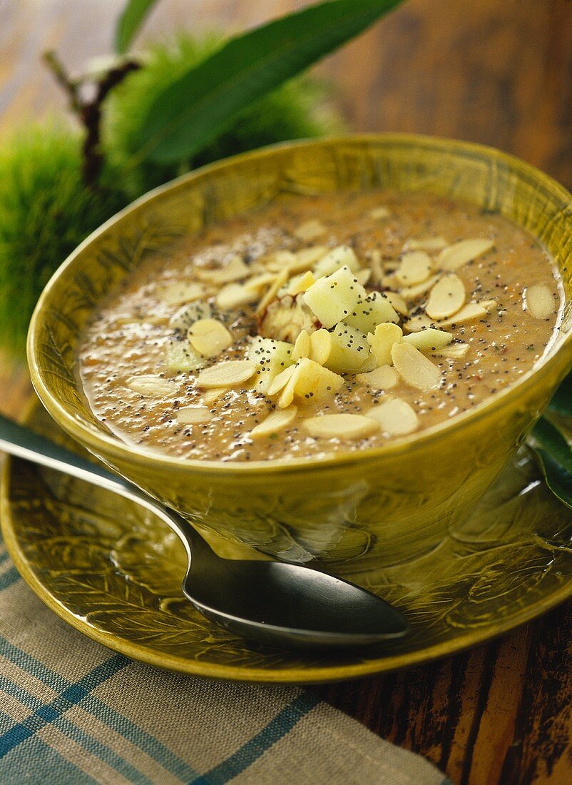 Savoury chestnut soup with flaked almonds