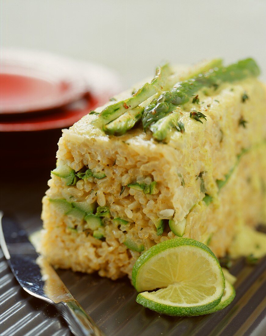 Rice terrine with green asparagus