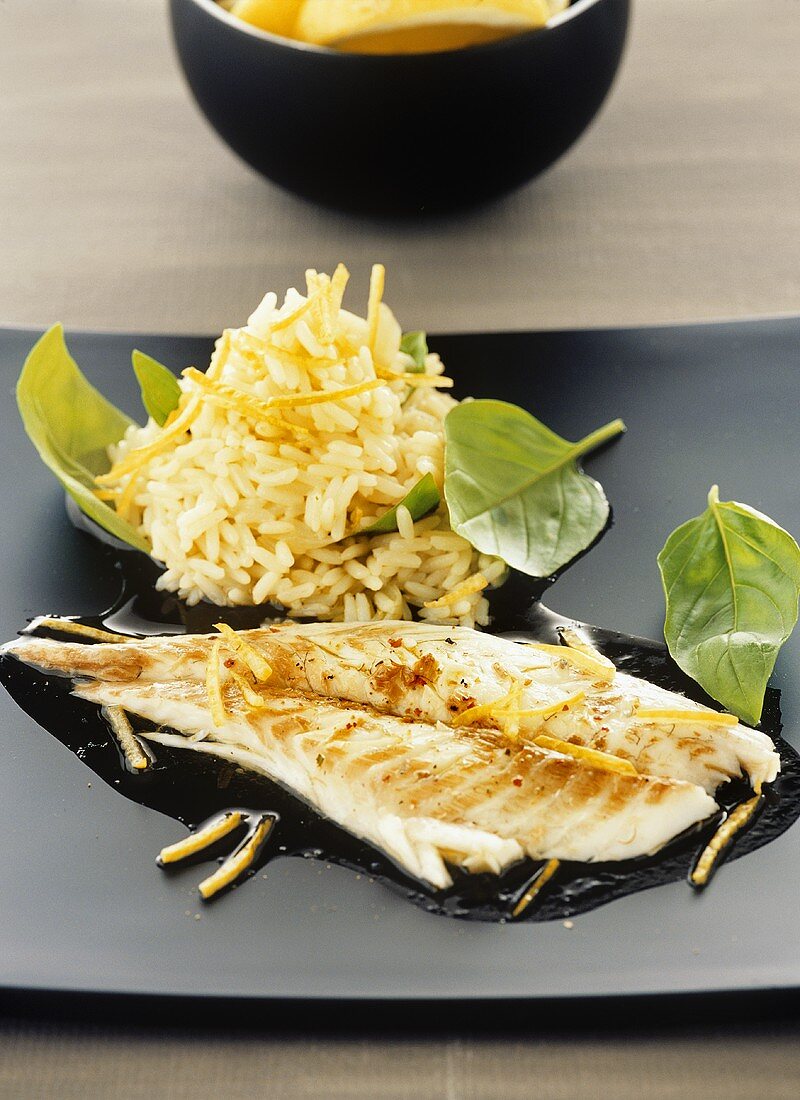 Barbecued sea bream with rice and lemon zest