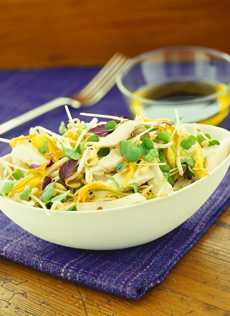 Gemischter Blattsalat mit Hähnchen und Sprossen