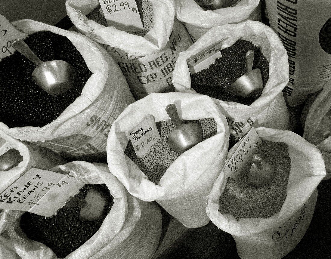 Beans and lentils in sacks at a market