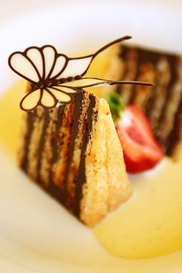 Piece of Japanese chocolate cake with butterfly