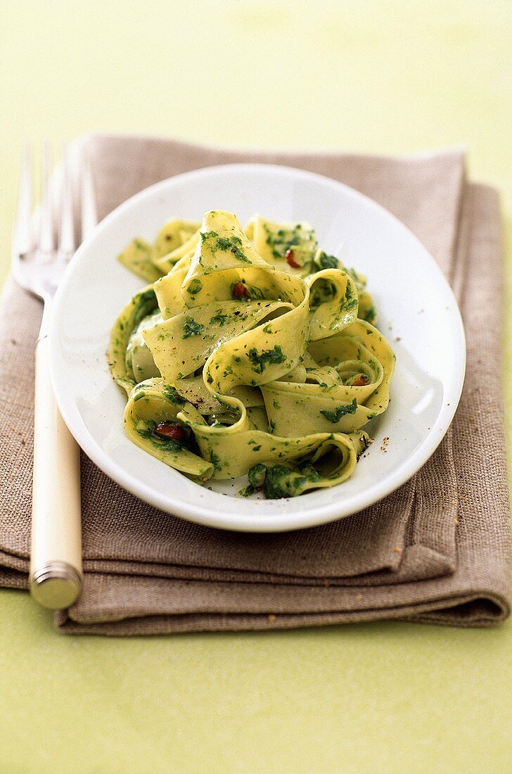 Ribbon pasta with ramsons (wild garlic) pesto